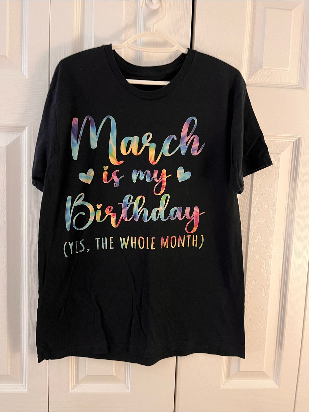Source Unknown Black Tee with Rainbow Script 'March is my Birthday'